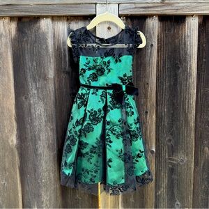 Green Satin and Black Floral Toddler Party Dress